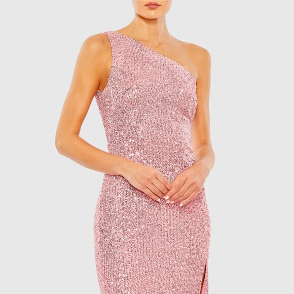 NWT Mac Duggal Sequined One Shoulder Draped Back Gown Light Pink 2 #9512 - Picture 2 of 8
